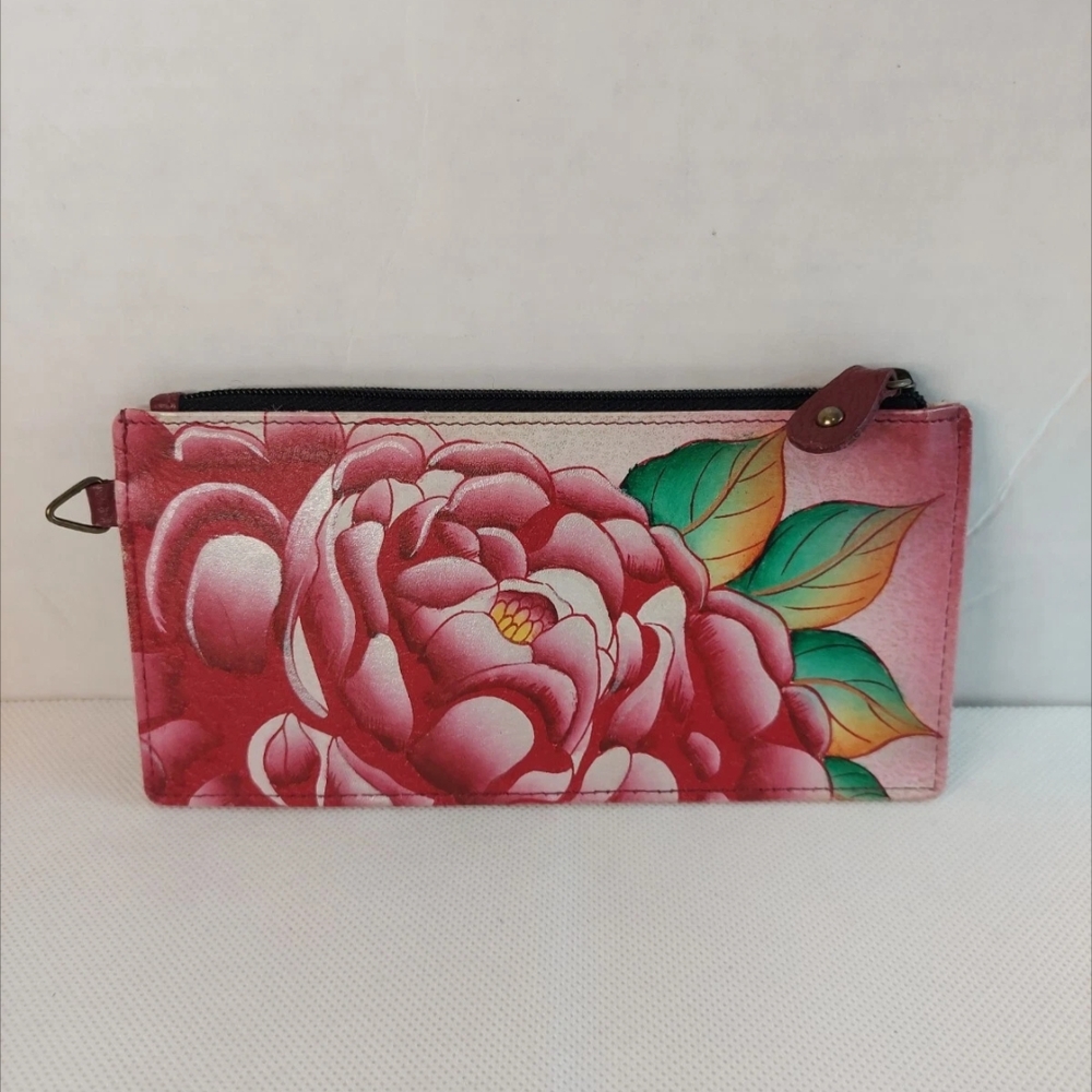 Anna By Anuschka Hand Painted Peony Pink Leather Credit Card Wallet